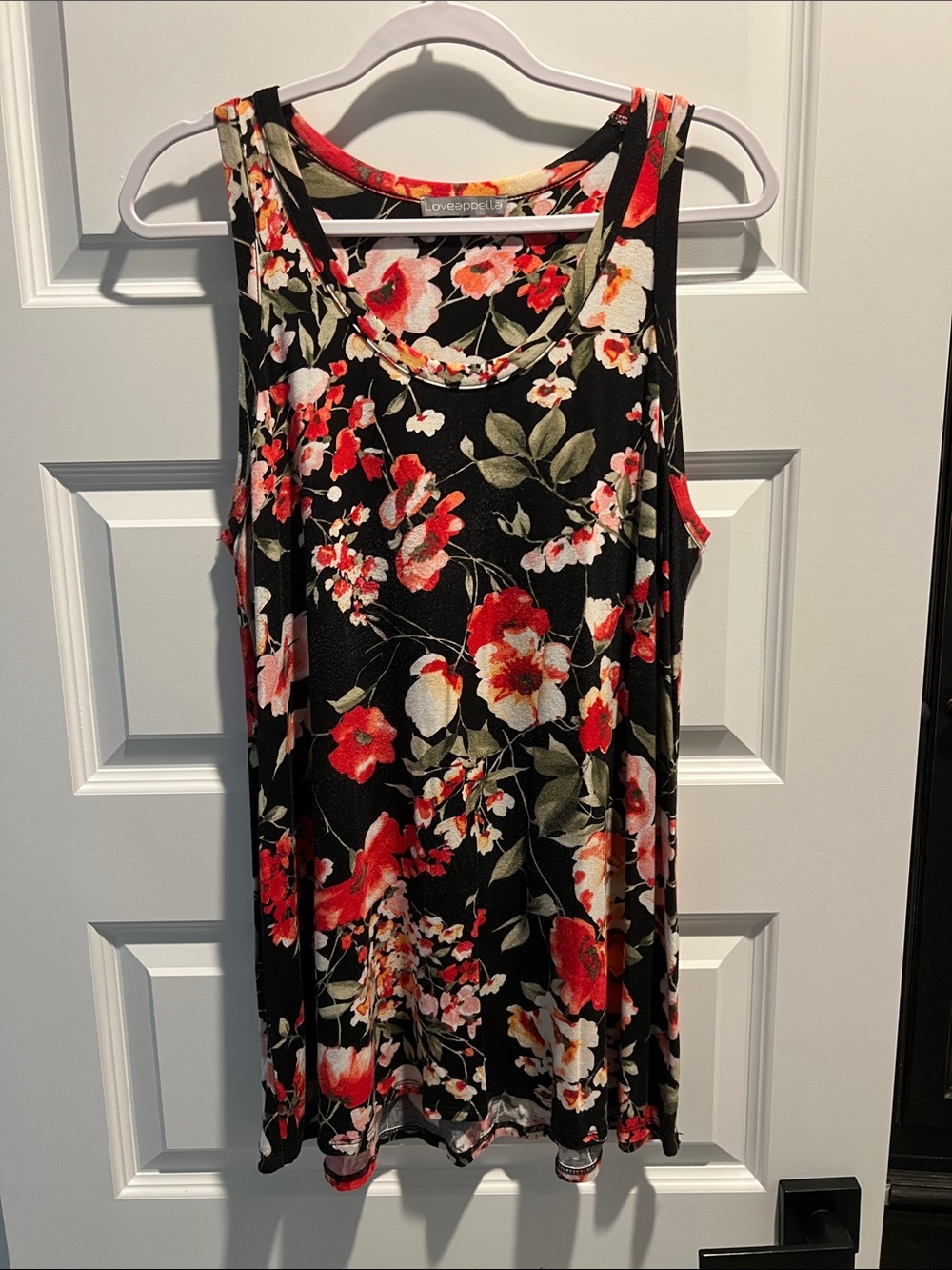 Loveappella Black Floral Tank with Red, Coral & Cream Blooms
